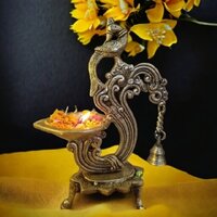 Brass Diya For Table Top|parrot Design Brass Oil Lamp Stand With Bell| Traditional Indian Oil Lamps| Brass Decorative Diyas|(yellow) - Color: Yellow