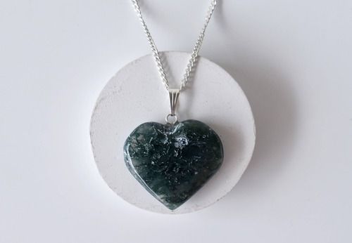 Moss Agate Pendant Crystal Heart Pendant, Genuine Heart Shaped Necklaces