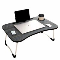 Laptop Table - Wood And Metal, Approx. 60cm X 40cm , Foldable Portable With Integrated Cup Holder And Tablet Slot, Modern Design