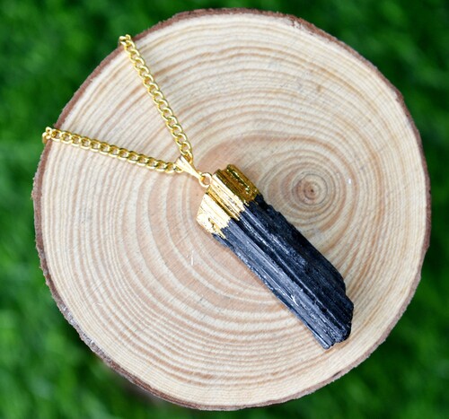 Black Tourmaline Rough Stone Pendants Natural Electroplated Silver Crystals with Chain - Weight: 17g, Design: Plain, Color: Black, Material: Gemstone/Crystals, Other Material: Gold Over Silver