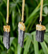 Black Tourmaline Rough Stone Pendants Natural Electroplated Silver Crystals with Chain