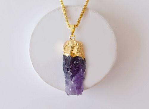 Amethyst Rough Stone Pendants, Natural Electroplated Golden Crystals with Chain