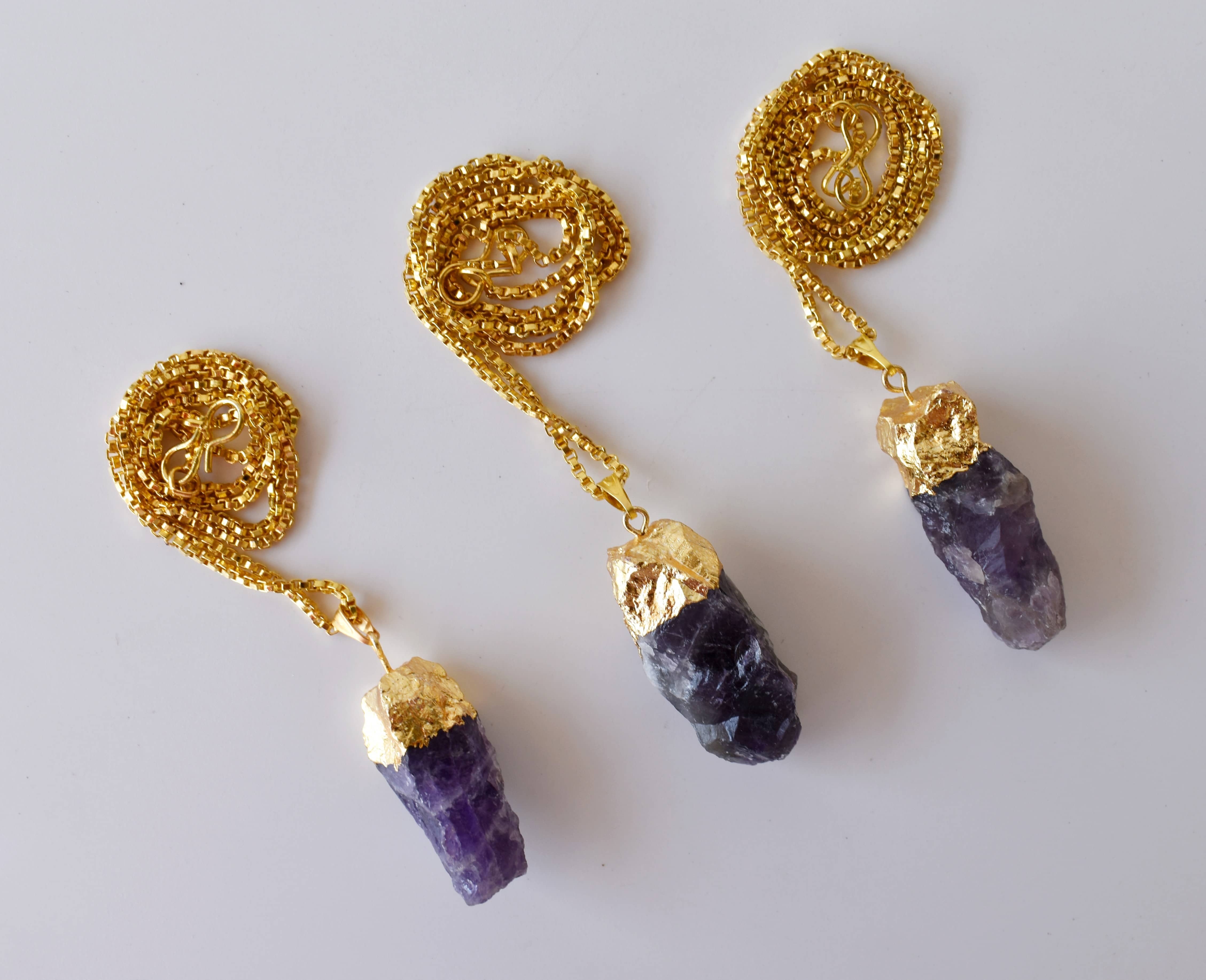 Amethyst Rough Stone Pendants Natural Electroplated Golden Crystals with Chain