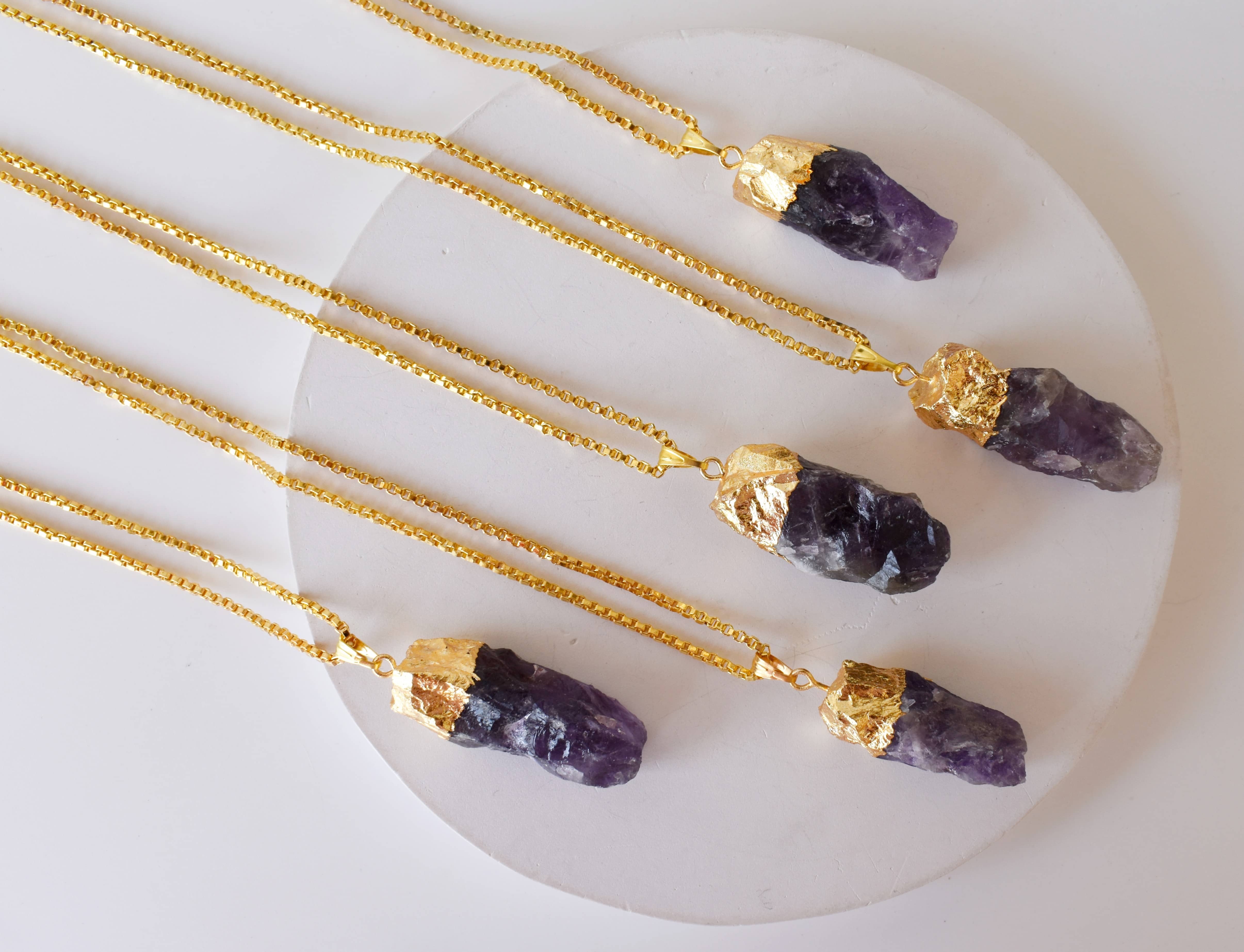 Amethyst Rough Stone Pendants Natural Electroplated Golden Crystals with Chain