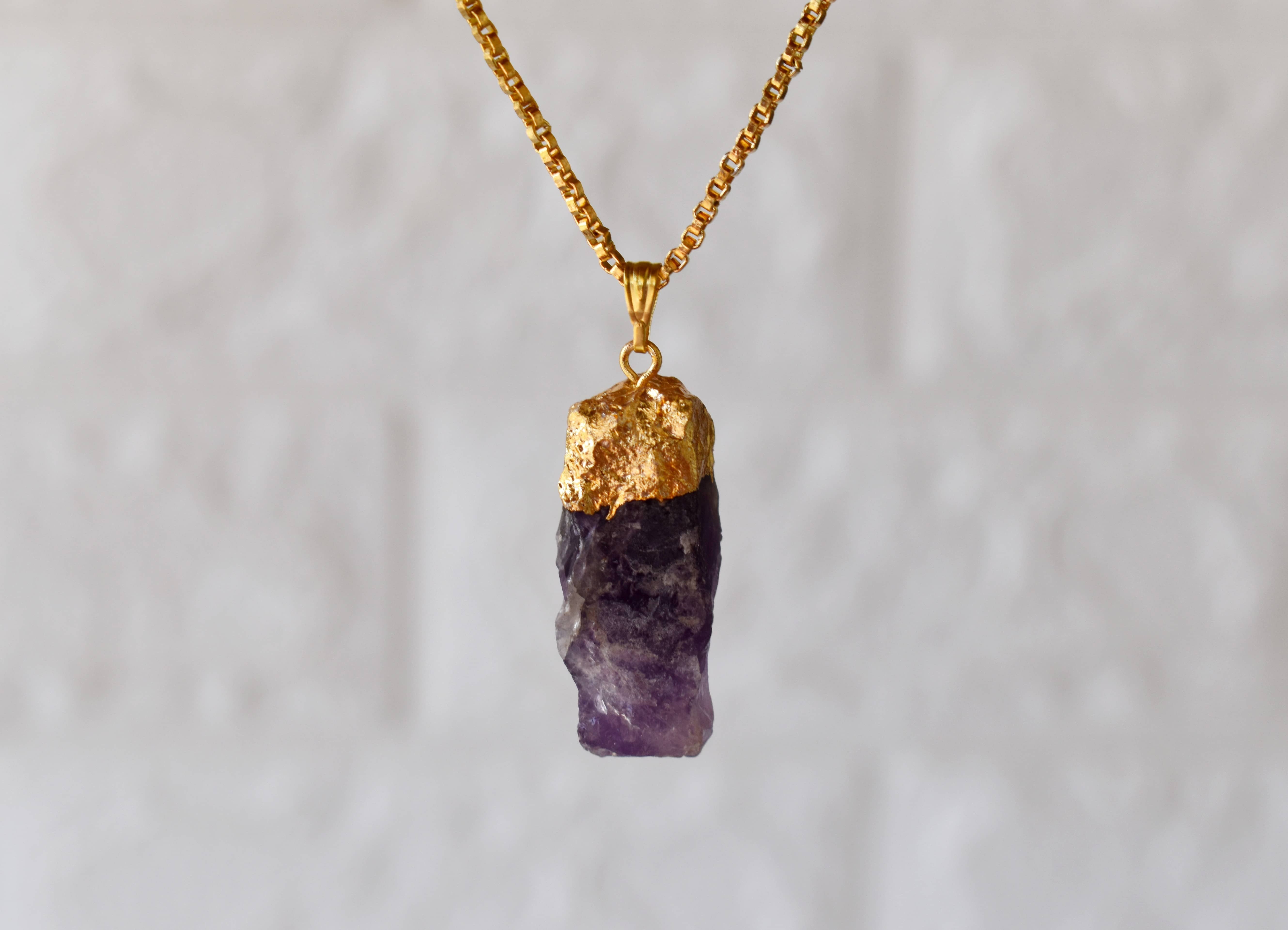 Amethyst Rough Stone Pendants Natural Electroplated Golden Crystals with Chain