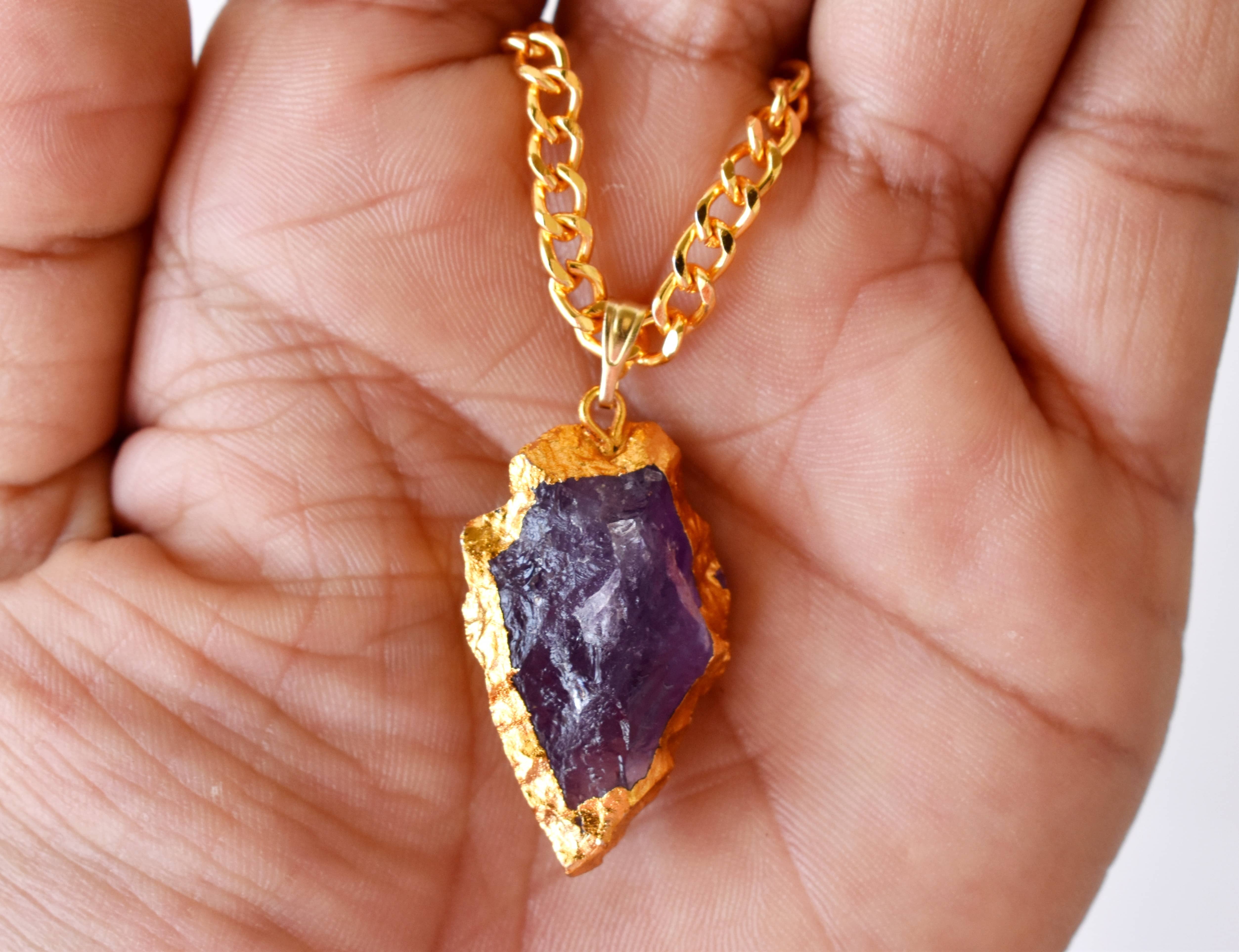 Amethyst Rough Stone Pendants Arrowhead Pendants Natural Electroplated Golden Crystals with Chain