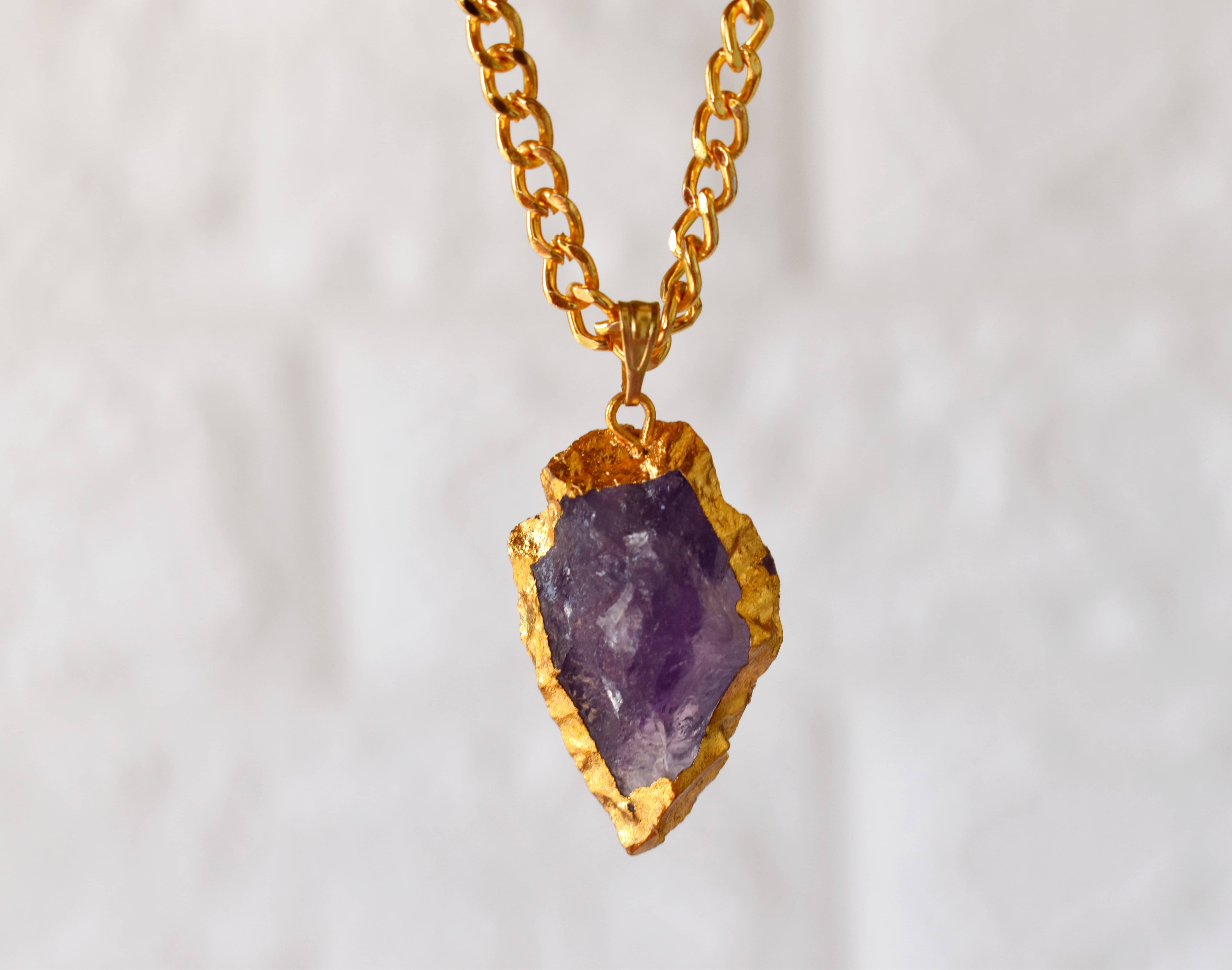 Amethyst Rough Stone Pendants Arrowhead Pendants Natural Electroplated Golden Crystals with Chain