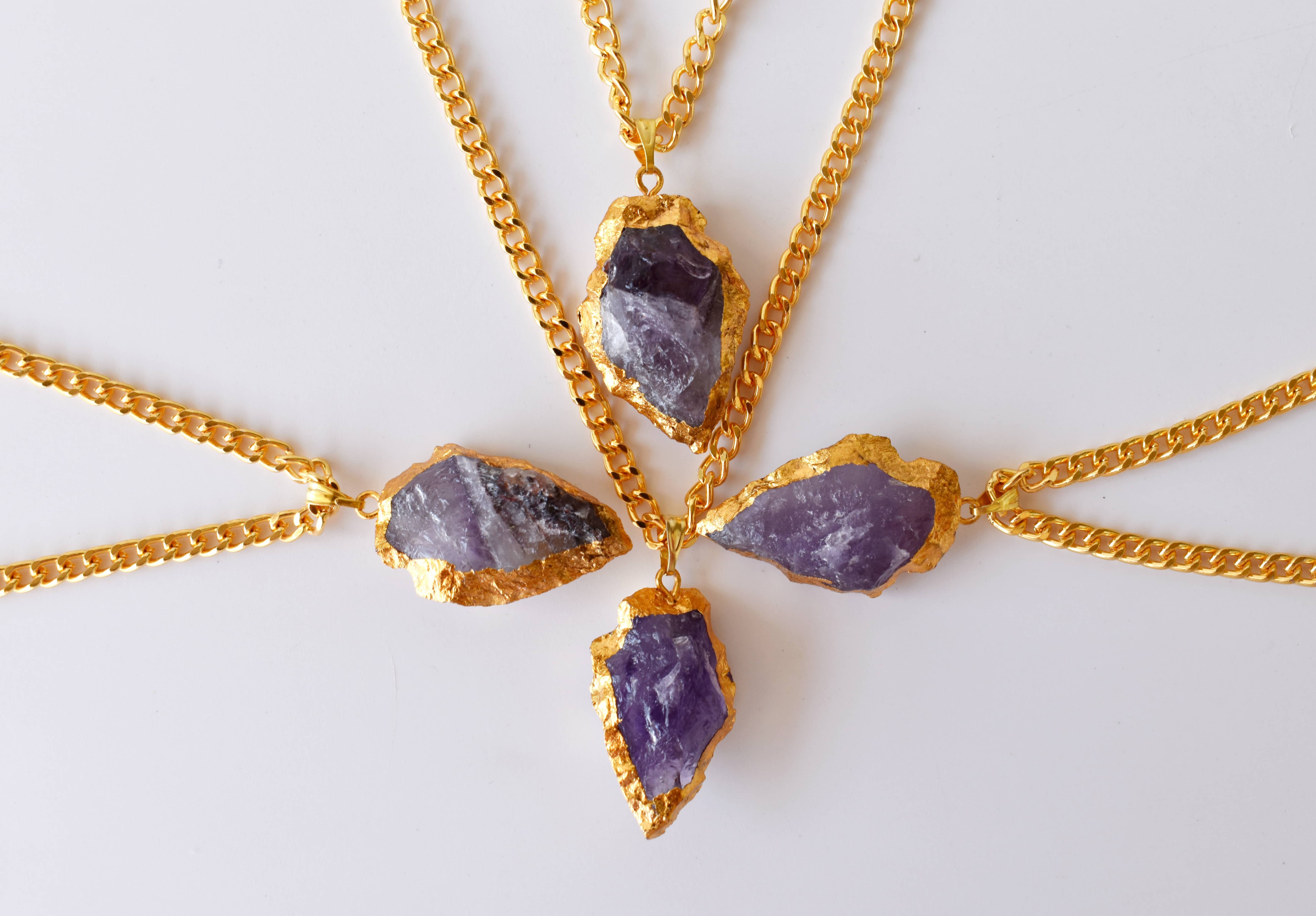 Amethyst Rough Stone Pendants Arrowhead Pendants Natural Electroplated Golden Crystals with Chain