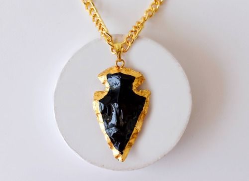 Black Obsidian Rough Stone Pendants, Arrowhead Pendants Natural Electroplated Golden Crystals with Chain