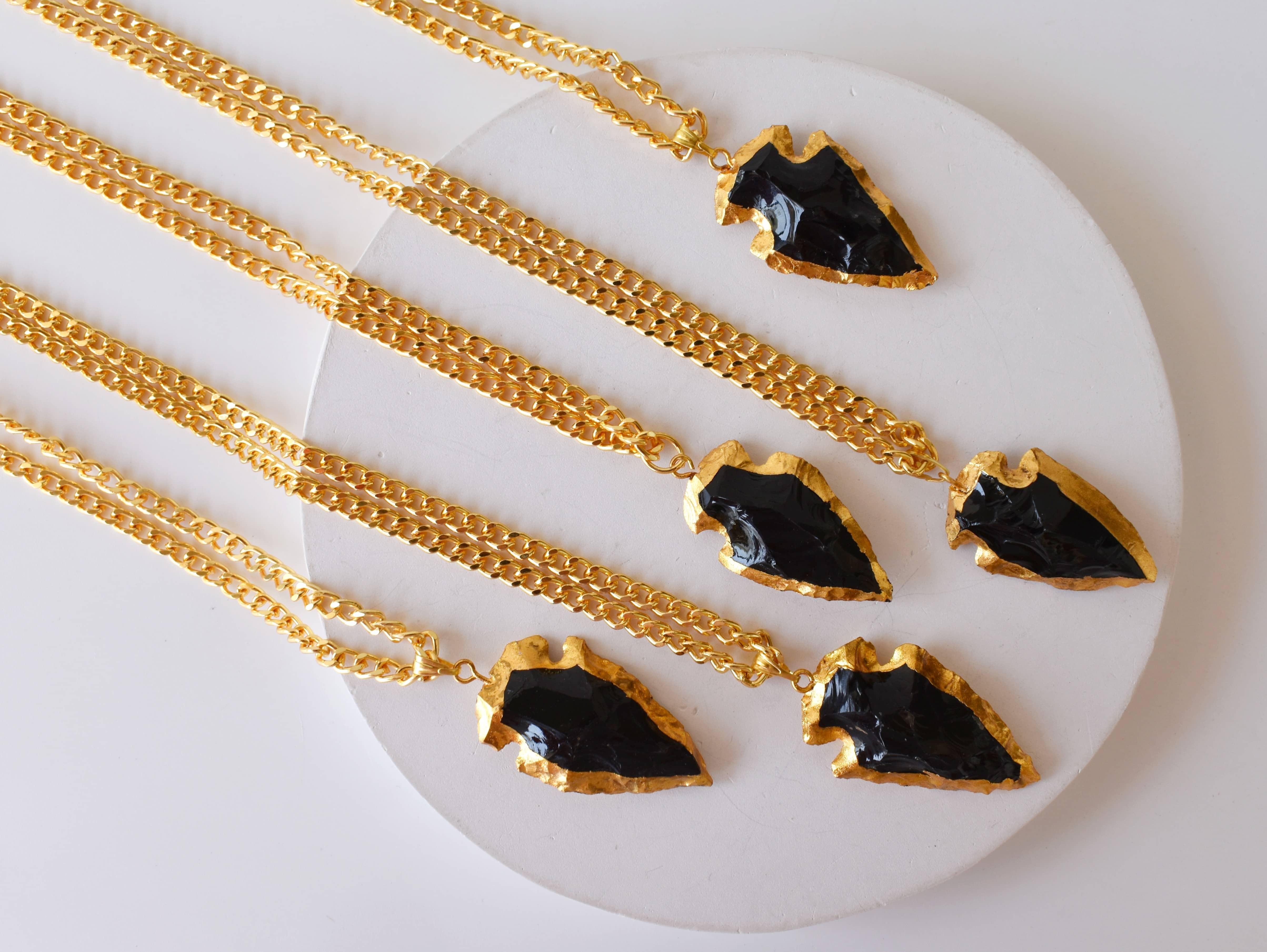 Black Obsidian Rough Stone Pendants Arrowhead Pendants Natural Electroplated Golden Crystals with Chain