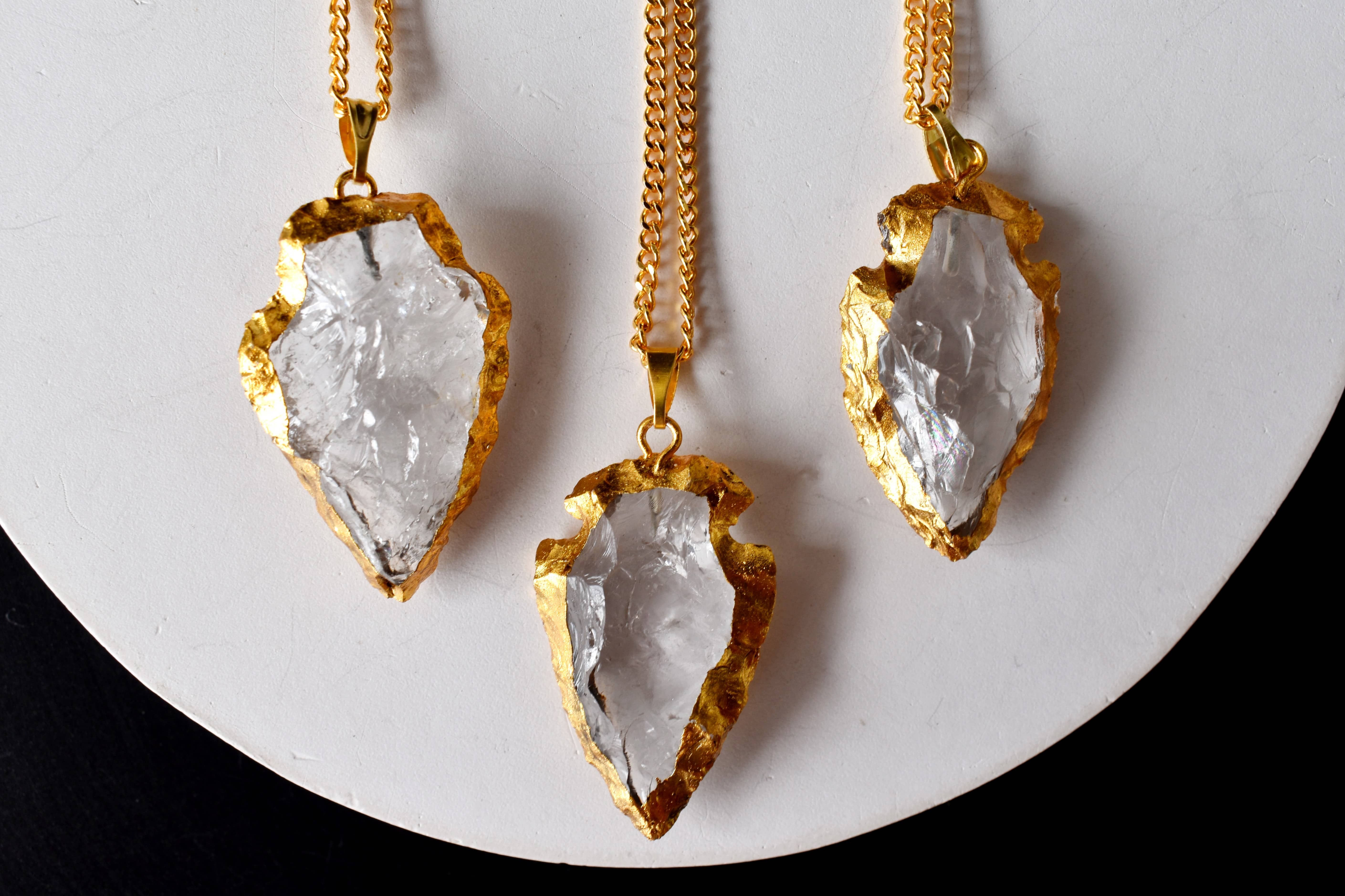 Crystal Quartz Rough Stone Pendants Arrowhead Pendants Natural Electroplated Golden Crystals with Chain