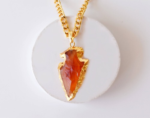 Carnelian Rough Stone Pendants Arrowhead Pendants Natural Electroplated Golden Crystals with Chain