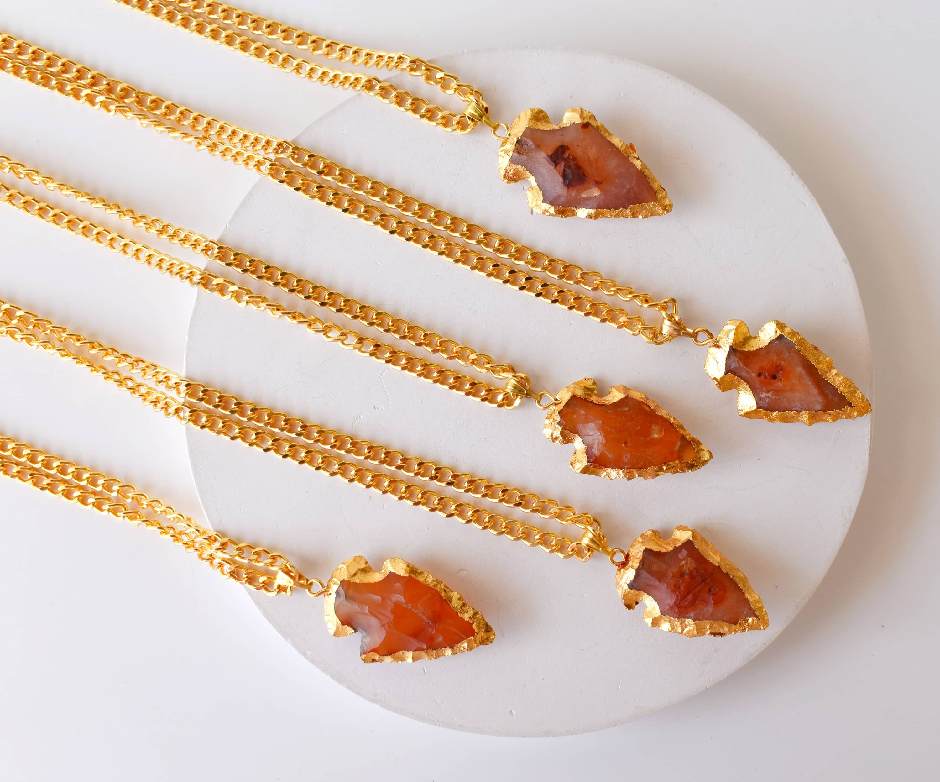 Carnelian Rough Stone Pendants Arrowhead Pendants Natural Electroplated Golden Crystals with Chain