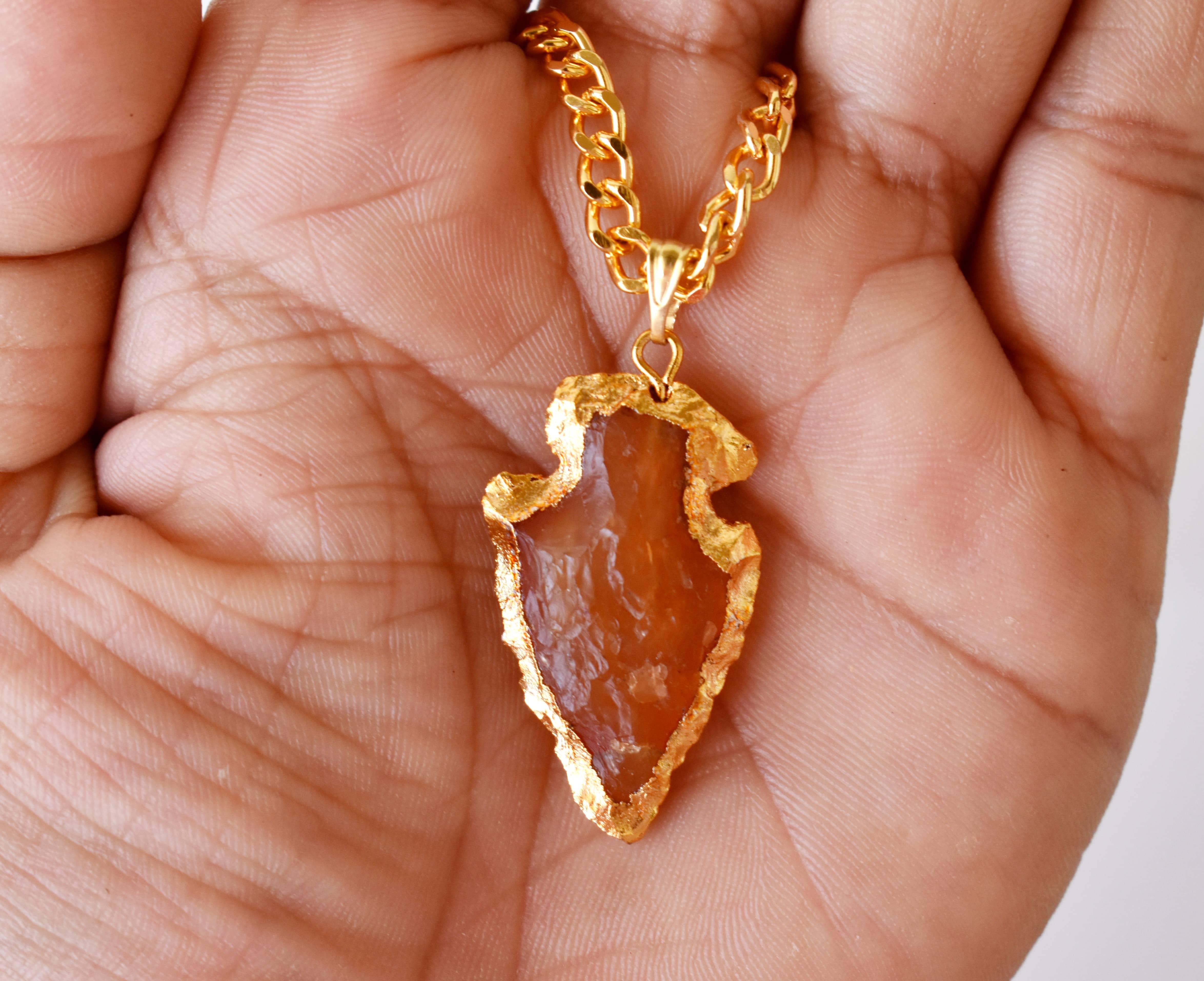 Carnelian Rough Stone Pendants Arrowhead Pendants Natural Electroplated Golden Crystals with Chain