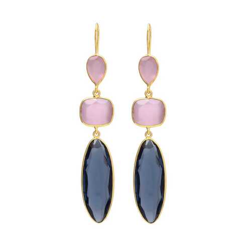 Long pink and blue quartz gemstone hook earrings