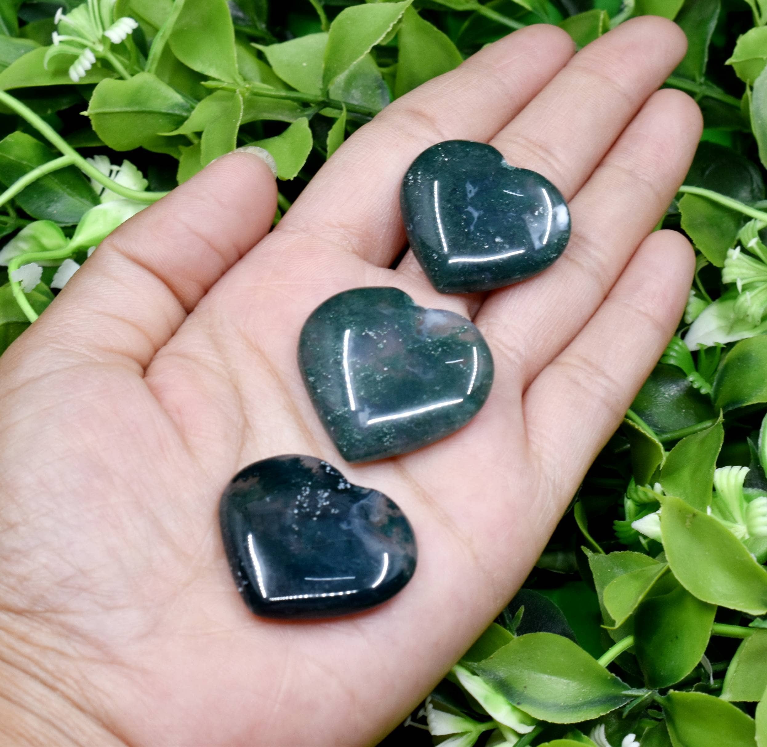 Moss Agate Puffy Mini Hearts Crystal Hearts