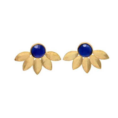 Golden flower blue chalcedony stud earring