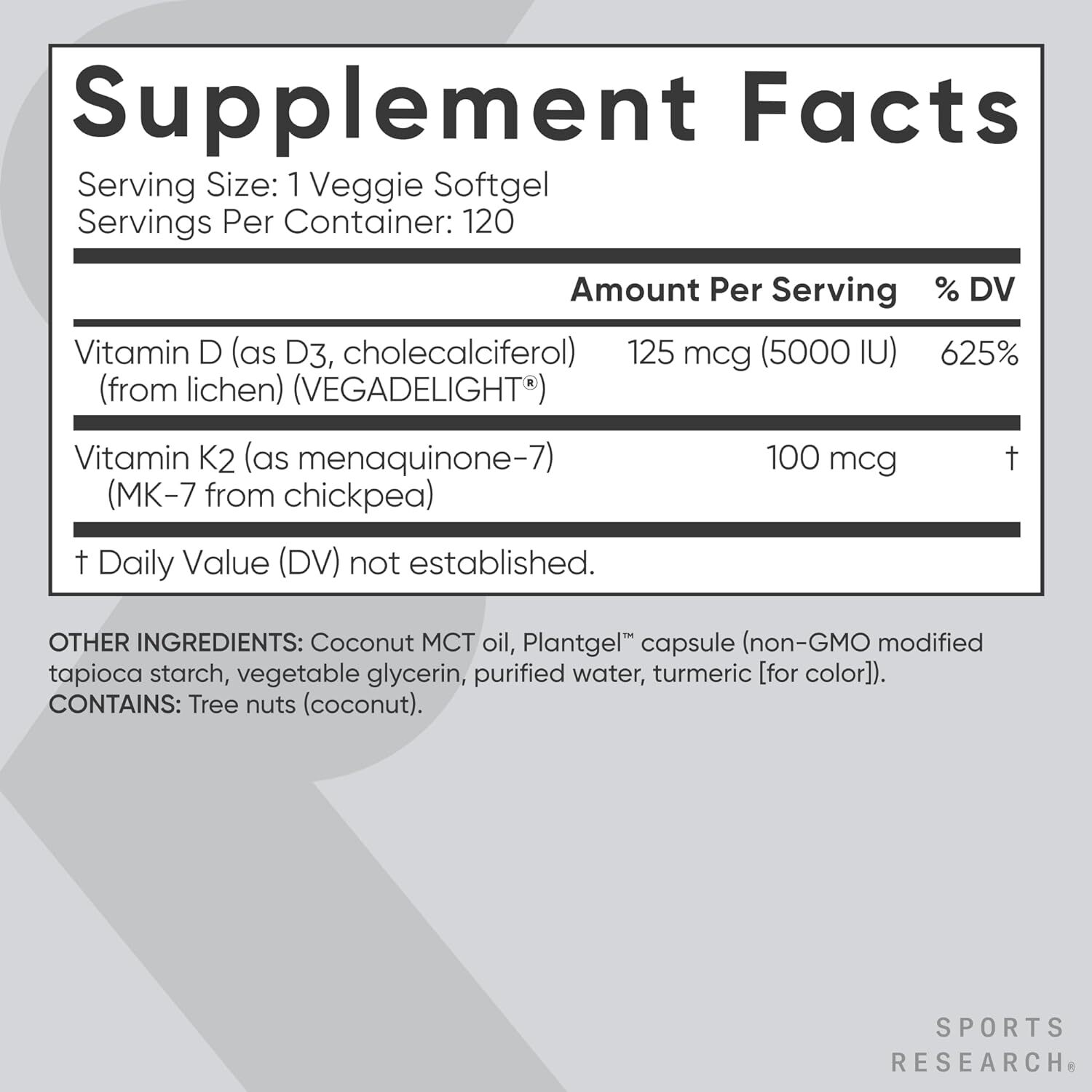 Sports Research Vitamin D3 with K2 Softgels 120 Count