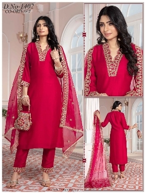 Fancy Designer Straight Suits - Roman Silk Top & Bottom, Organza Dupatta | Red, Embroidered, Breathable, Non-Toxic, Suitable for Spring & Summer