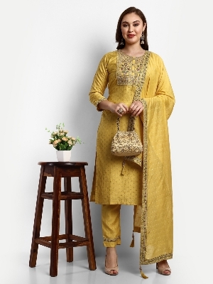 Silk Designer Straight Suits - Color: Mustard