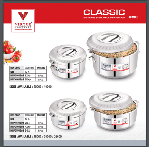 Classic Jumbo Virtue Homeware St. Steel Insulated Casserole - Size: 25000 Ml