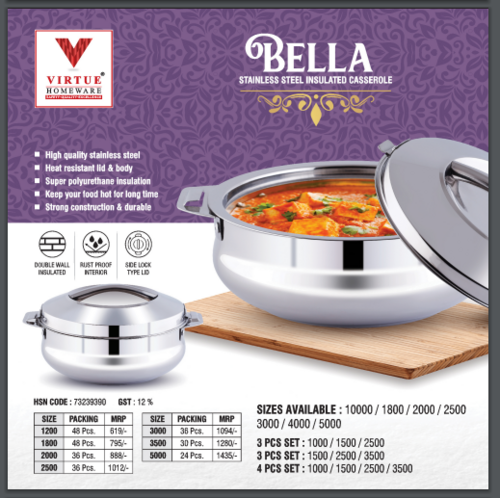 BELLA VIRTUE HOMEWARE ST. STEEL INSULATED CASSEROLE