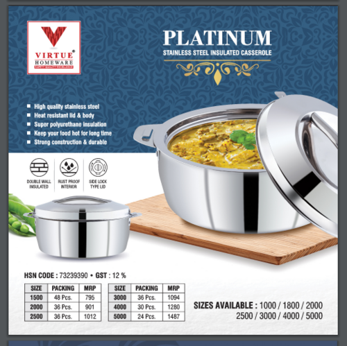 PLATINUM VIRTUE HOMEWARE ST. STEEL INSULATED CASSEROLE