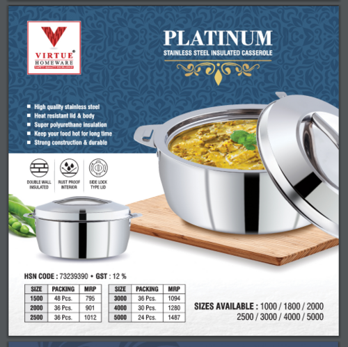 Platinum Virtue Homeware St. Steel Insulated Casserole - Size: 2500 Ml
