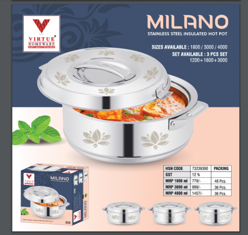 Milano Virtue Homeware St. Steel Insulated Casserole - Size: 3000 Ml
