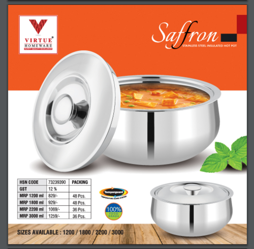 Saffron Virtue Homeware St. Steel Insulated Casserole - Size: 3000 Ml