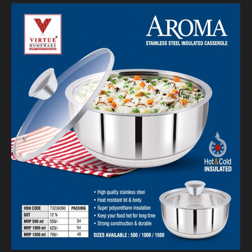Aroma Virtue Homeware - 1500 ml Stainless Steel Insulated Casserole | Super Polyurethane Insulation, Heat Resistant Lid & Body, Keeps Food Hot Long Time