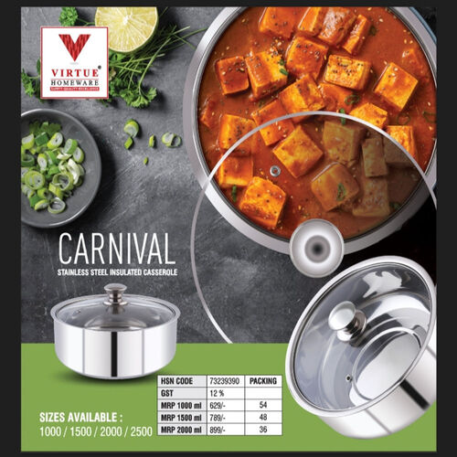 CARNIVAL VIRTUE HOMEWARE ST. STEEL INSULATED CASSEROLE - 2000 ml | Heat Resistant Lid & Body, Super Polyurethane Insulation