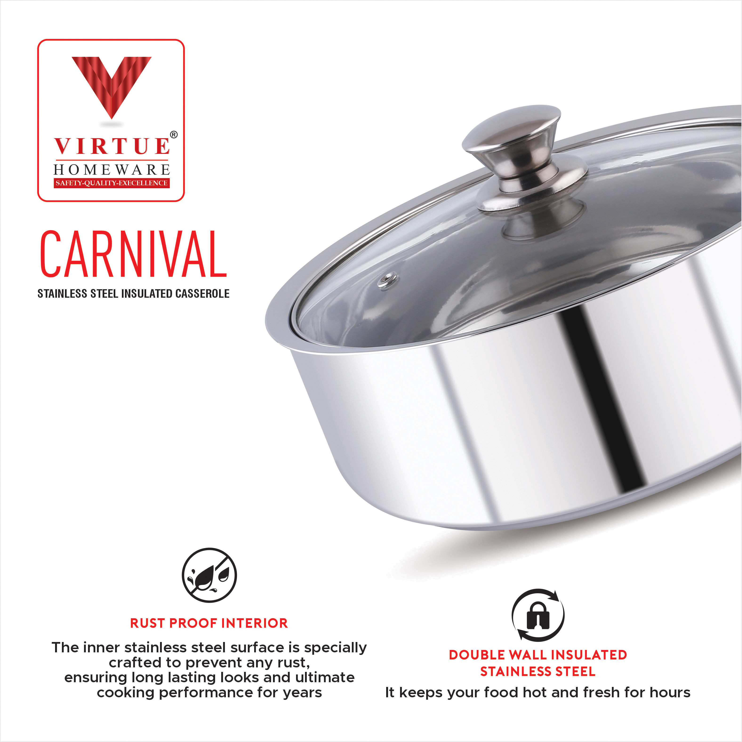 CARNIVAL VIRTUE HOMEWARE ST. STEEL INSULATED CASSEROLE