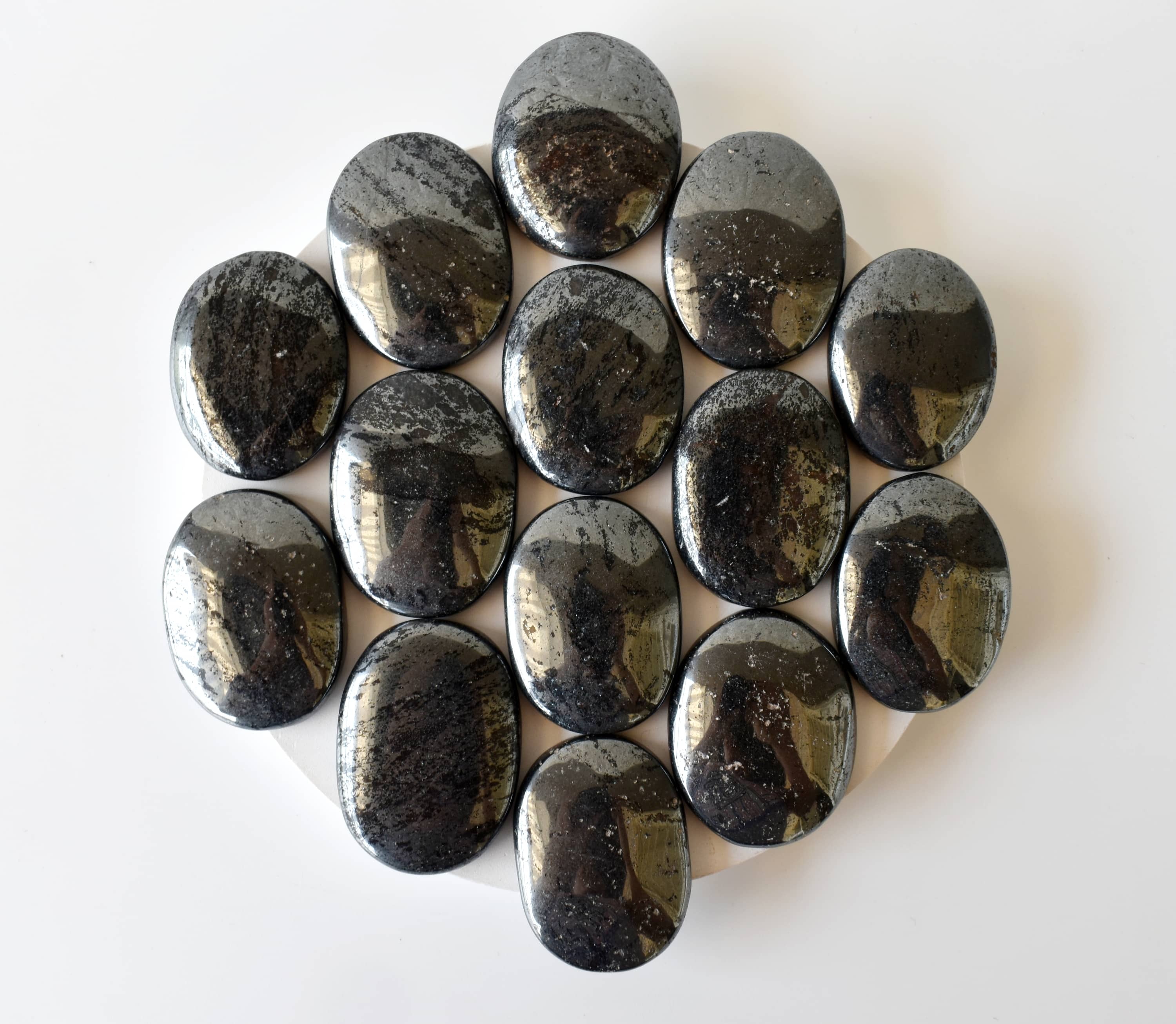 Hematite Flat Stone, Polished Oval Flat Stone for Calming Crystal, Anxiety Relief