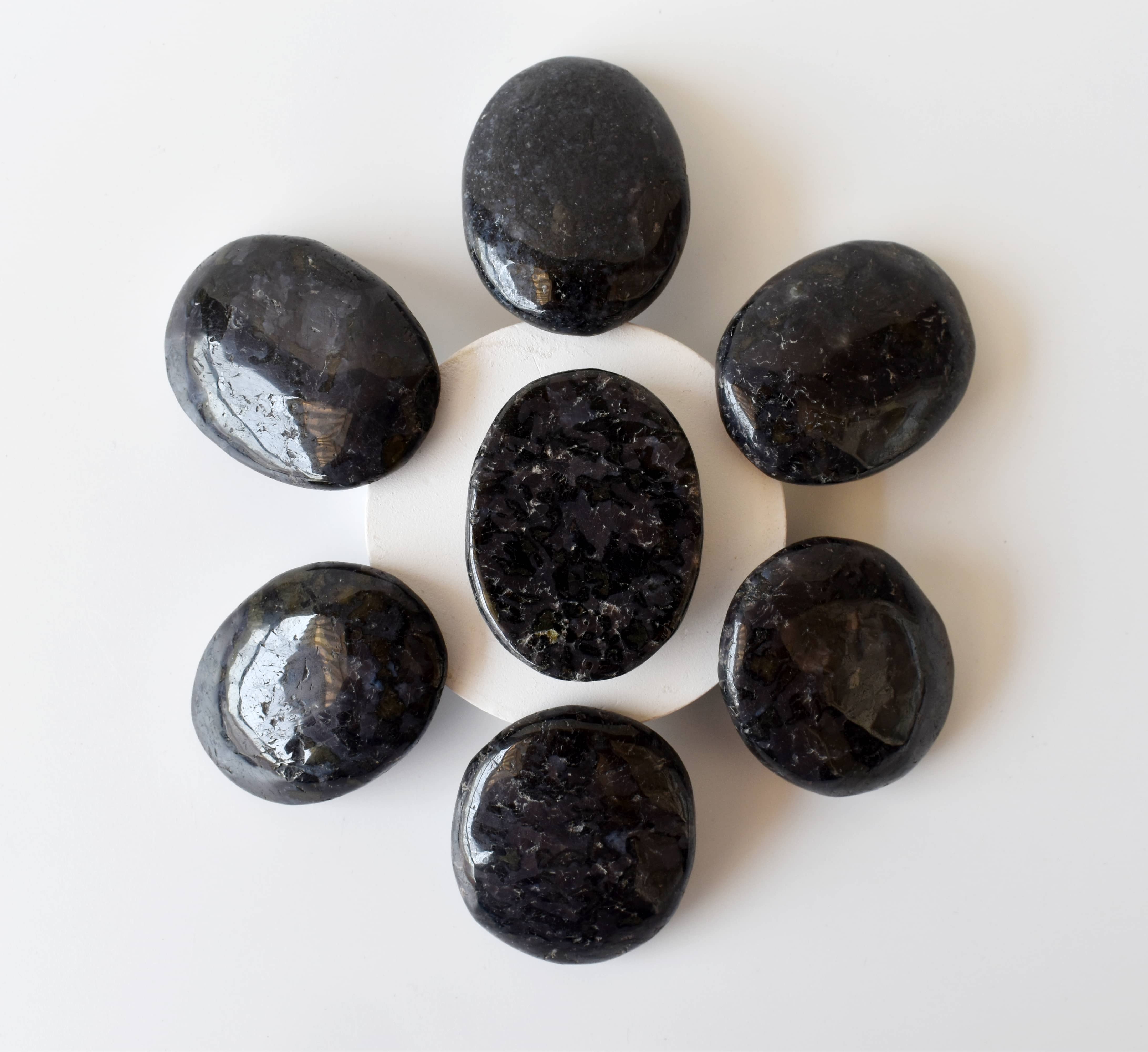 Indigo Gabbro Flat Stone, Polished Oval Flat Stone for Calming Crystal, Anxiety Relief