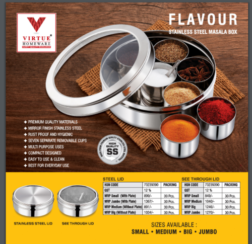 Flavour Virtue Homeware Stainless Steel Masala Box - Capacity: Varies By Size (Small Medium Big Jumbo)