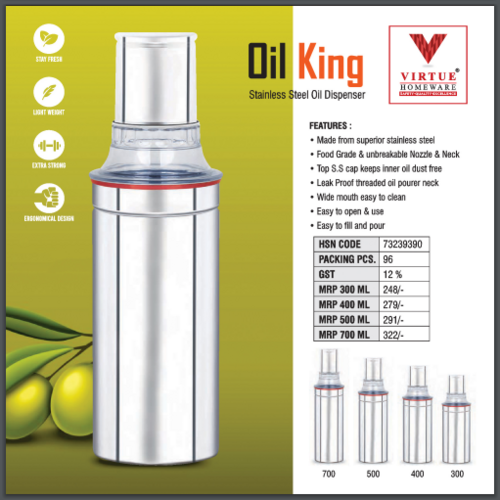 Oil King - 700 ml Stainless Steel Oil Dispenser | Food Grade, Unbreakable Nozzle & Neck, Easy to Fill & Clean