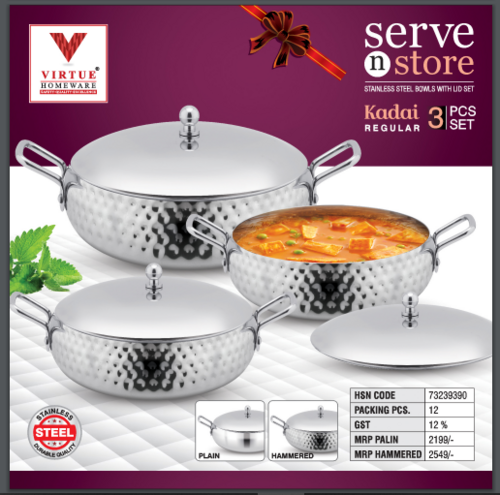 SERVE & STORE VIRTUE HOMEWARE STAINLESS STEEL KADAI WITH LID