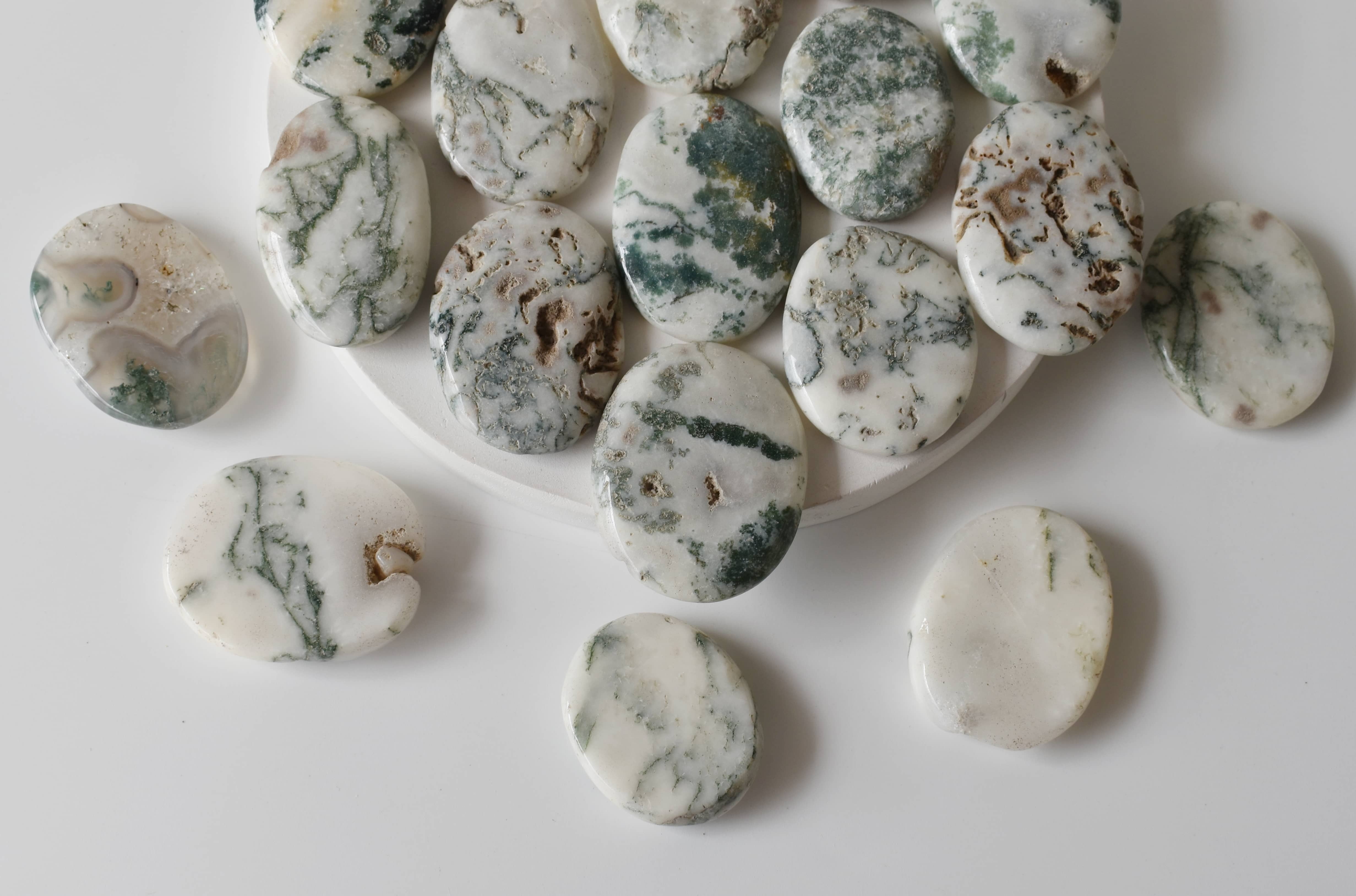 Tree Agate Flat Stone, Polished Oval Flat Stone for Calming Crystal, Anxiety Relief