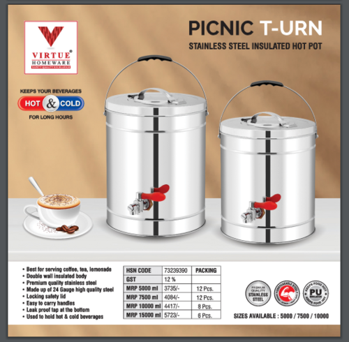 Picnic T-Urn Virtue Homeware Stainless Steel Insulated Hot Pot - Size: 10000 Ml