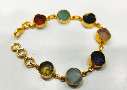 Handmade Gemstone Bracelet Multi Color Round 8mm Stones Gold Plated 7'' long