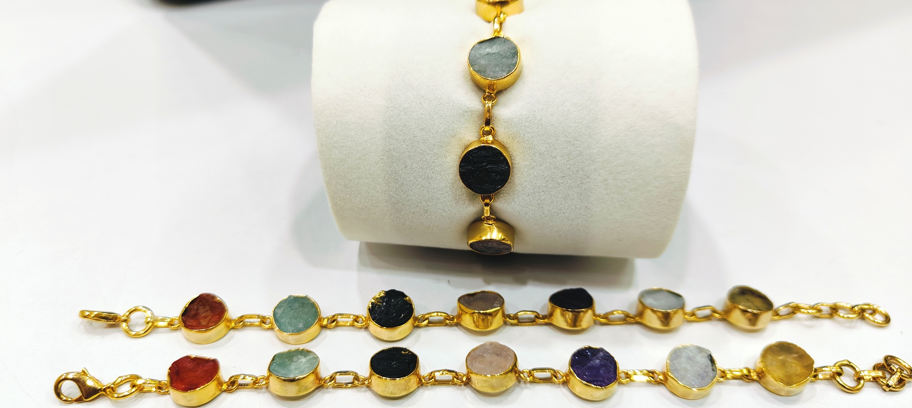 Handmade Gemstone Bracelet Multi Color Round 8mm Stones Gold Plated 7'' long