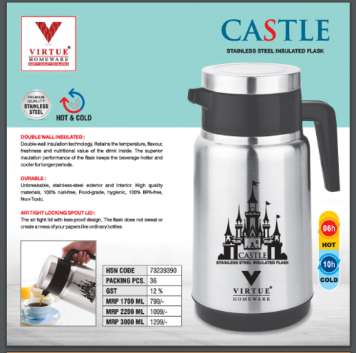 CASTLE VIRTUE HOMEWARE ST. STEEL INSULATED FLASK - Stainless Steel, Double Wall Insulation | Locking Safety Lid, Easy to Carry Handles