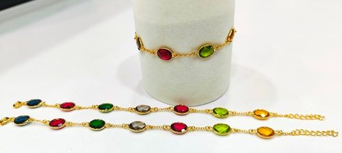 Handmade Gemstone Bracelet Multi Color Oval 8x10mm Stones Gold Plated 8'' long