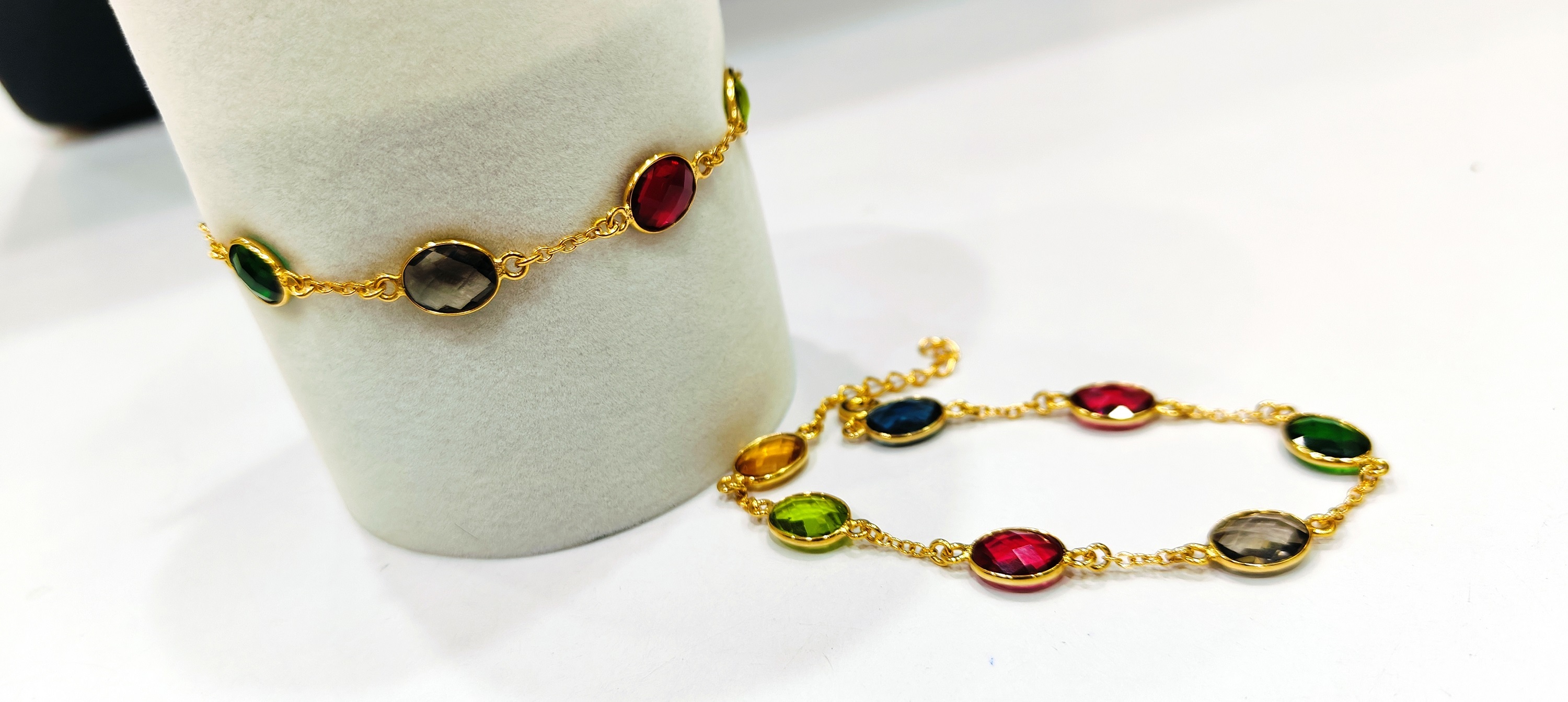 Handmade Gemstone Bracelet Multi Color Oval 8x10mm Stones Gold Plated 8'' long