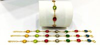 Handmade Gemstone Bracelet Multi Color Oval 8x10mm Stones Gold Plated 8'' long