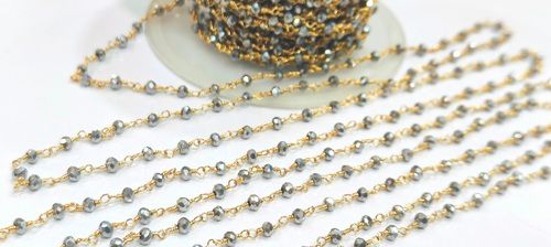 Silver Pyrite 3mm Hydro Quartz Rondelle Faceted Beaded Rosary chain sold per foot