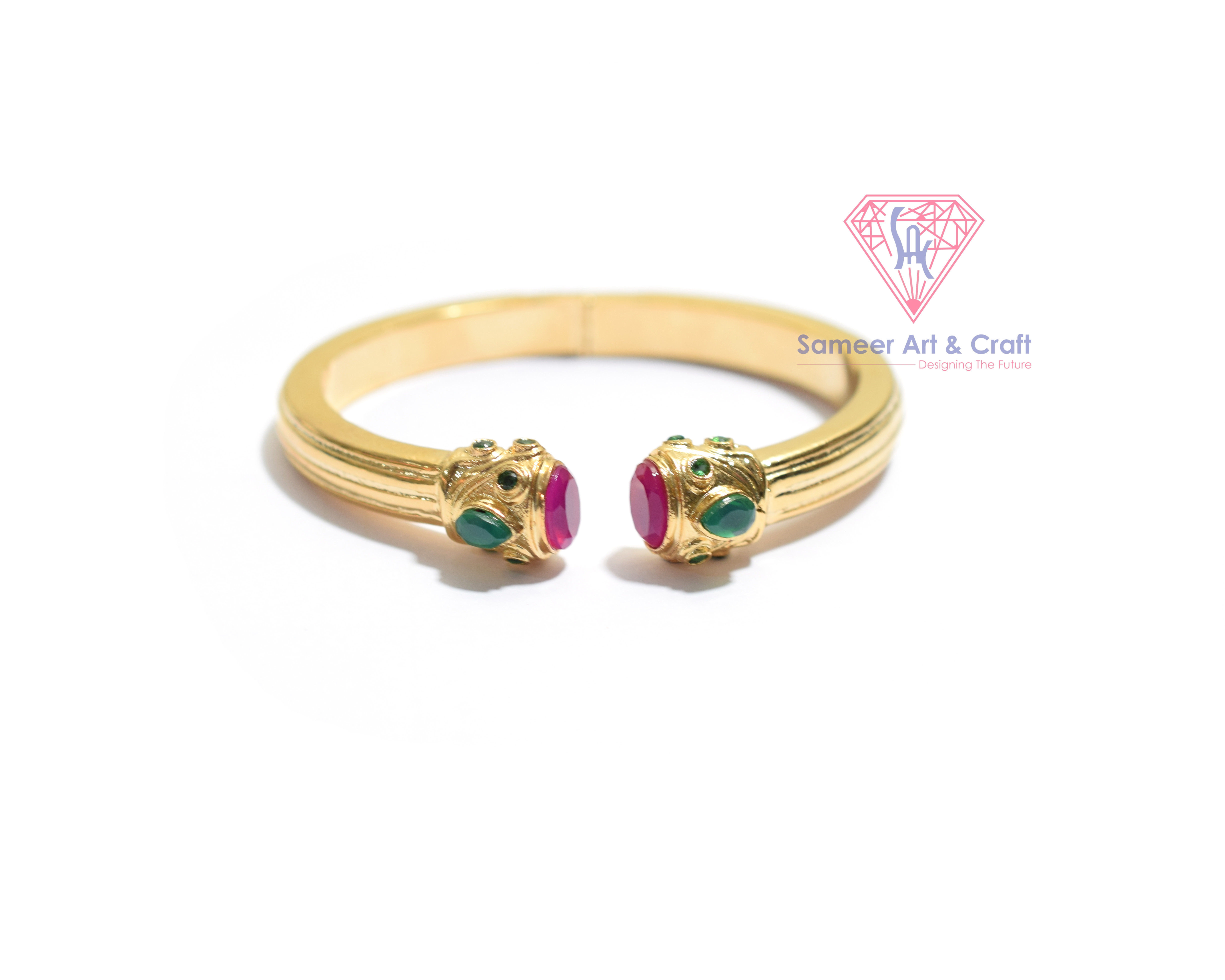 Hot PInk Chalcedony And Green Onyx Gemstone Gold Plated Adjustable Bangle