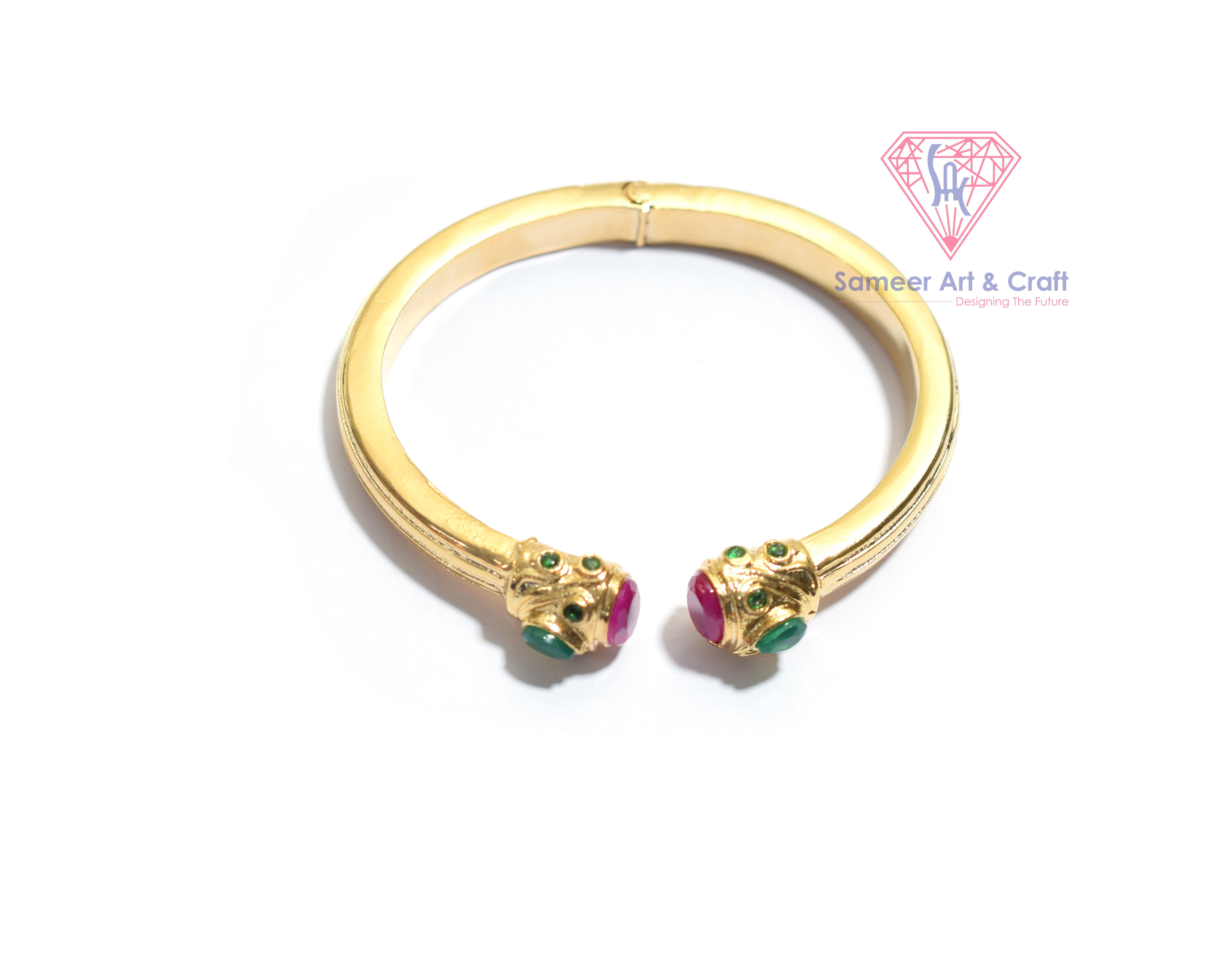 Hot PInk Chalcedony And Green Onyx Gemstone Gold Plated Adjustable Bangle