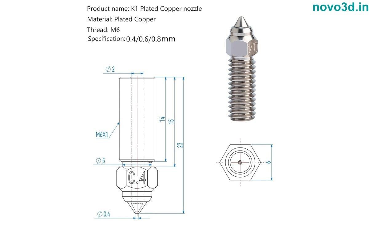 Creality K1 Copper Nozzle Size 0.4mm for 1.75mm Filament